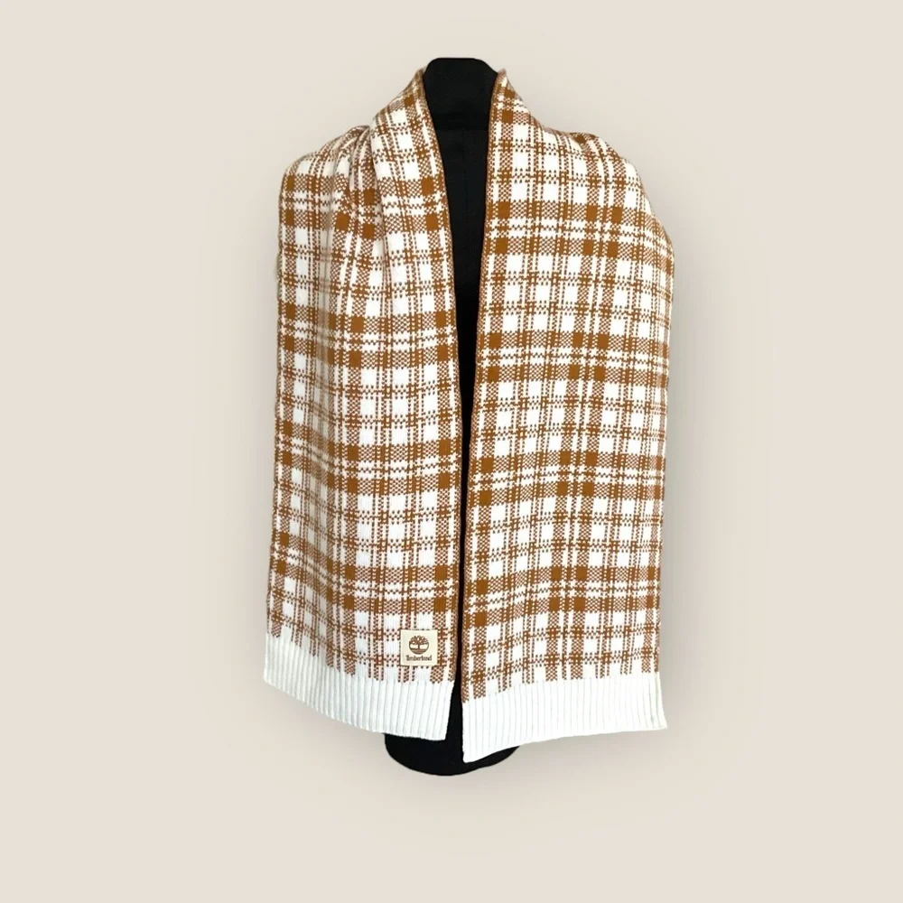 Timberland Plaid Scarf Tan Cream Knit Fall Academia Western Unisex Warm‎ Holiday